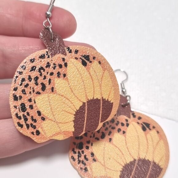 PUMPKIN SUNFLOWER LEOPARD PRINT cute fun fall whimsical earrings - Picture 4 of 6